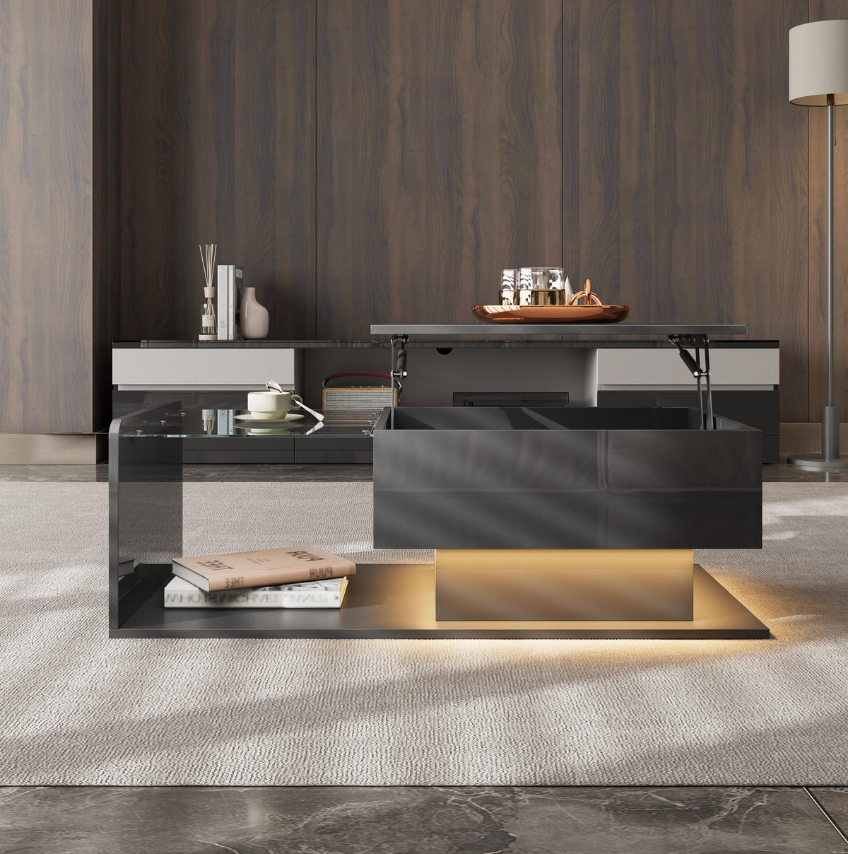 COUCHTISCH aus Spanplatte 100x50x33/47,5 cm Schwarz Hochglanz höhenverstellbar mit LED - Schwarz, Holzwerkstoff (110/50/47.5cm) - IVMEU