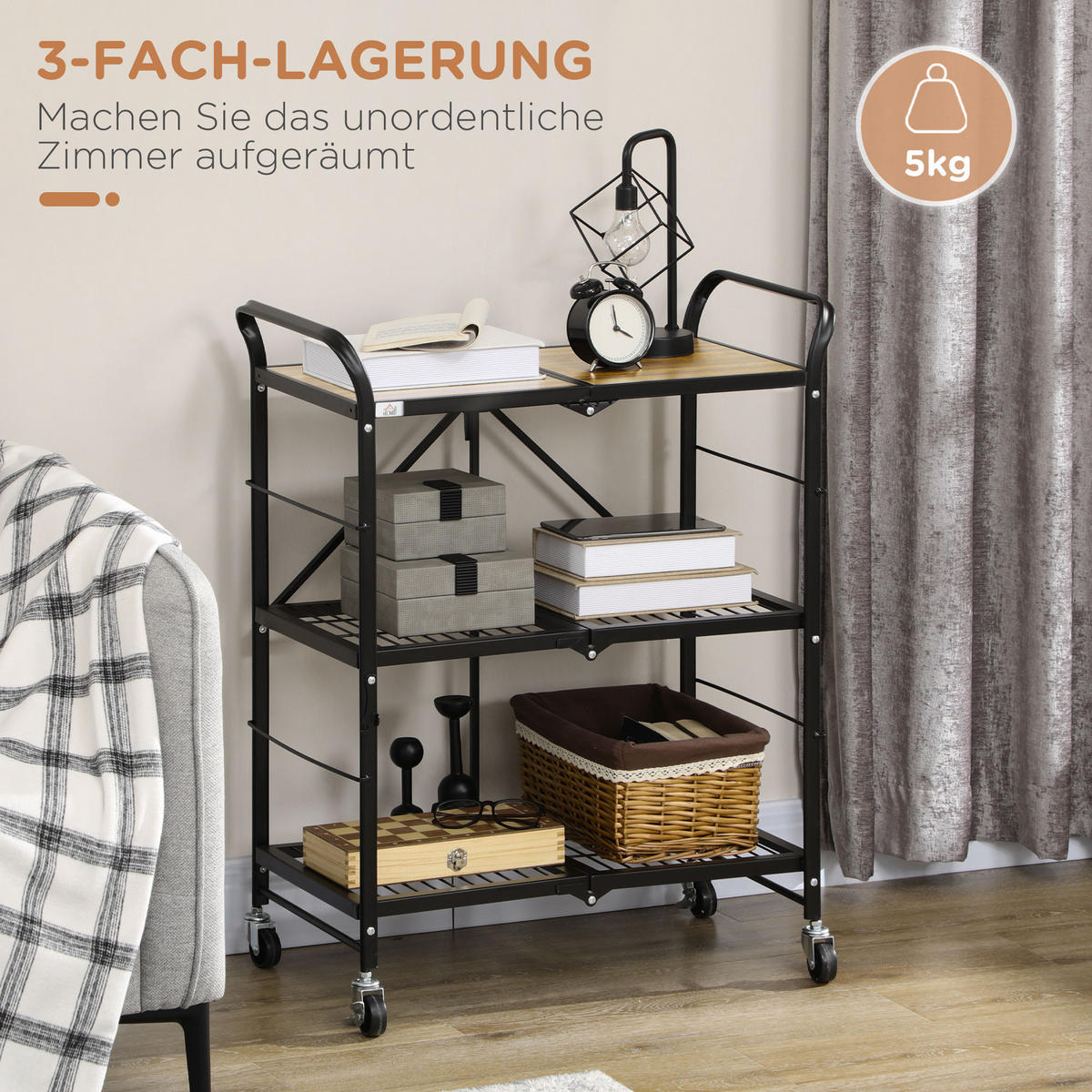 ROLLWAGEN, Klappbarer Küchenwagen, Servierwagen mit 3 Ebenen, Griff, Stahl - Multicolor, Holzwerkstoff (35/85/68cm) - HOMCOM