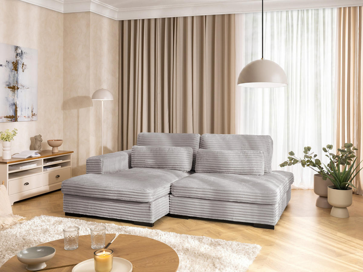 ECKSOFA Wolke mit tiefer Sitzfläche, Schlaffunktion und praktischem Bettkasten aus weichem Hellgrau Cordstoff - Hellgrau/Schwarz, Holz/Kunststoff (162/225cm) - S-Style
