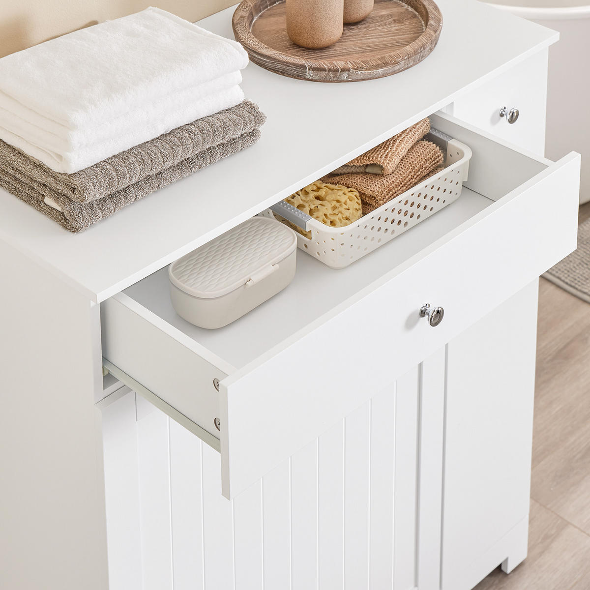 WÄSCHESCHRANK, Badschrank mit 2 Wäschesäcken, 78x38x90cm - Weiß, Holzwerkstoff (78/90/38cm) - SoBuy