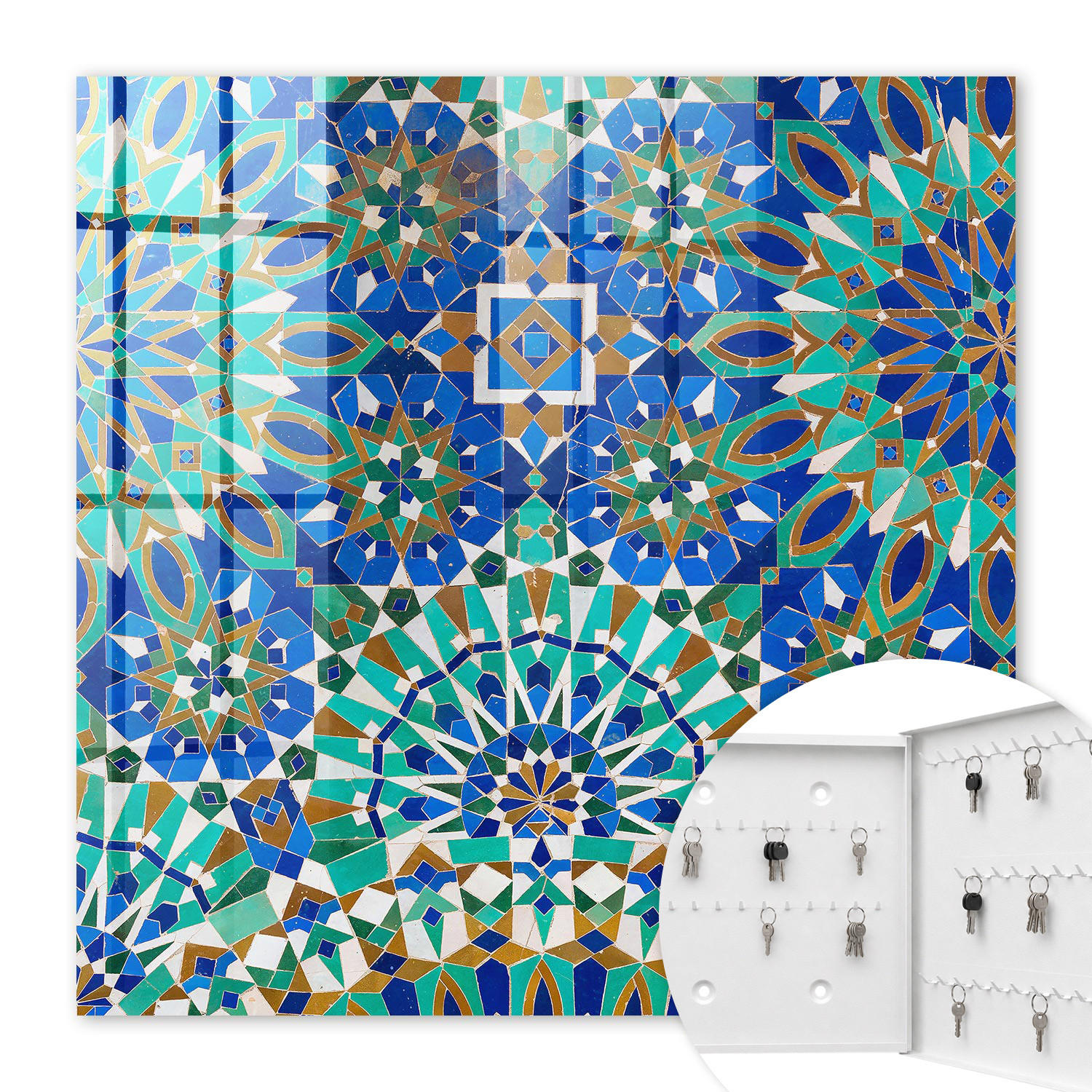 SCHLÜSSELBOX Weiß 30x30 cm – Türöffnung nach rechts - Geometrisches Mosaik - Blau, Metall (30/30/5cm) - TULUP