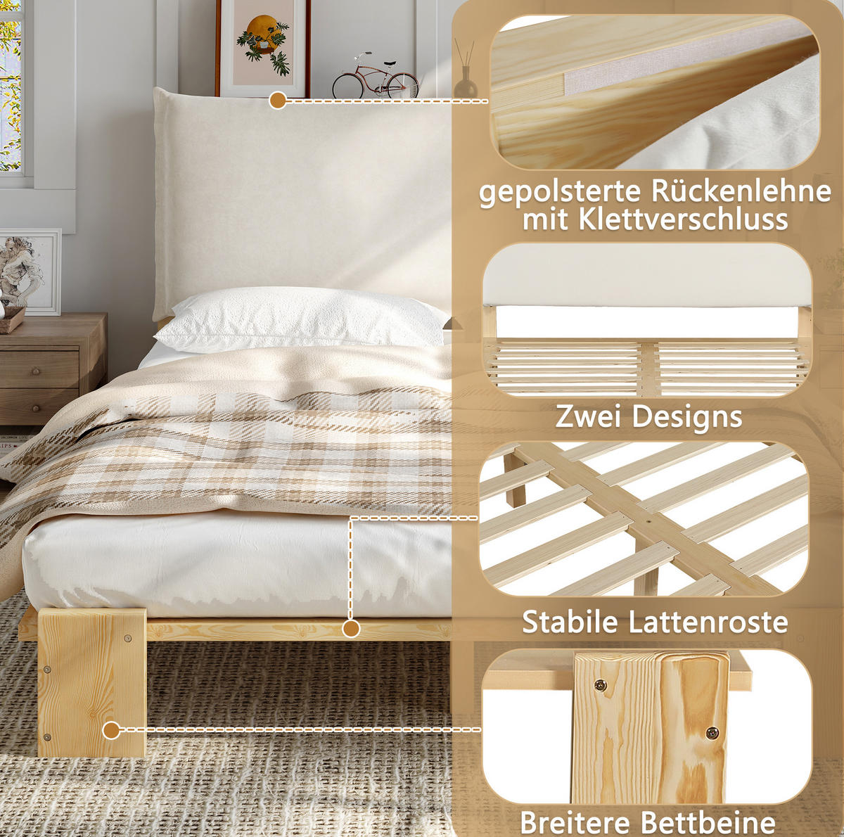 ČALÚNENÁ posteľ z dreva a látky 140x200 cm prírodná s polstrovaným čelom, pevnými lamelovými roštami a stabilnou konštrukciou - prírodná farba, textil (140/200cm) - Modfu