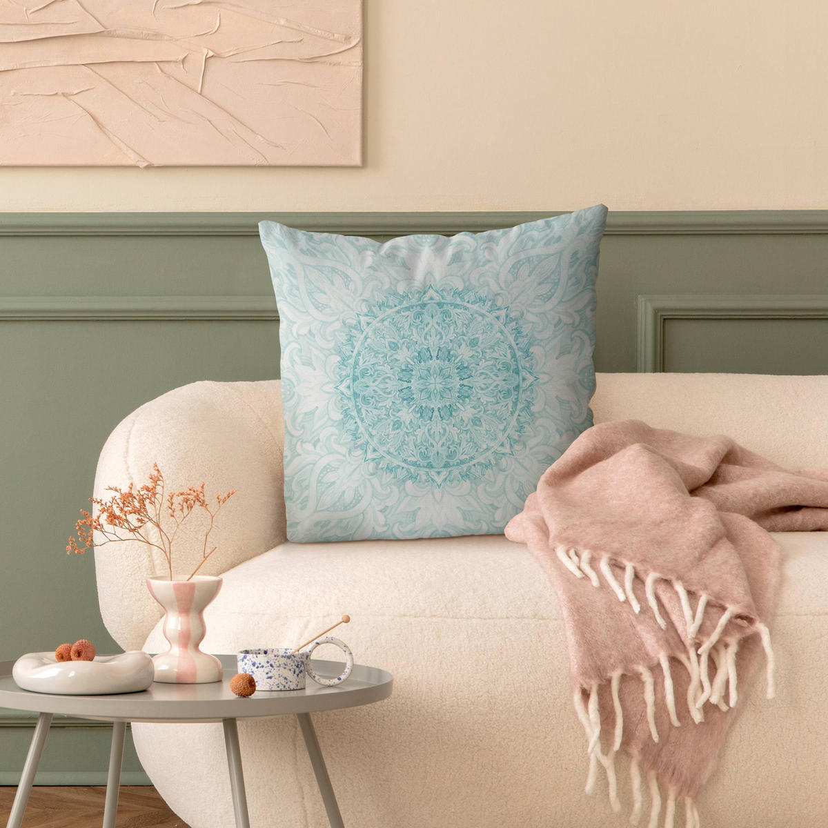 DEKOKISSEN Mandala Aquarell Ornament türkis 40/40 cm - Türkis, Textil (40/40/10cm) - Bilderwelten