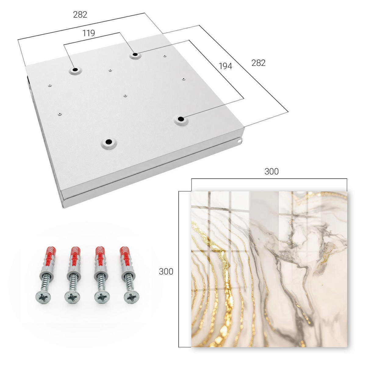 SCHLÜSSELBOX Weiß 30x30 cm – Türöffnung nach rechts - Marmoradern - Weiß, Metall (30/30/5cm) - TULUP