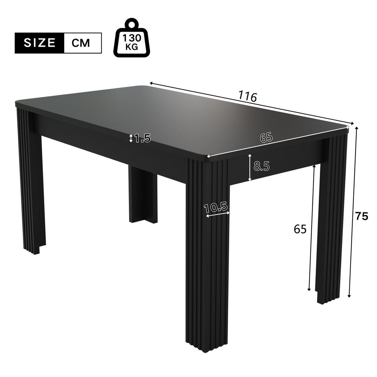 ESSTISCH aus Spanplatte, rechteckig, 130 kg belastbar, 116/65/75 cm, Schwarz - Schwarz, Holzwerkstoff (116/65/75cm) - Redom