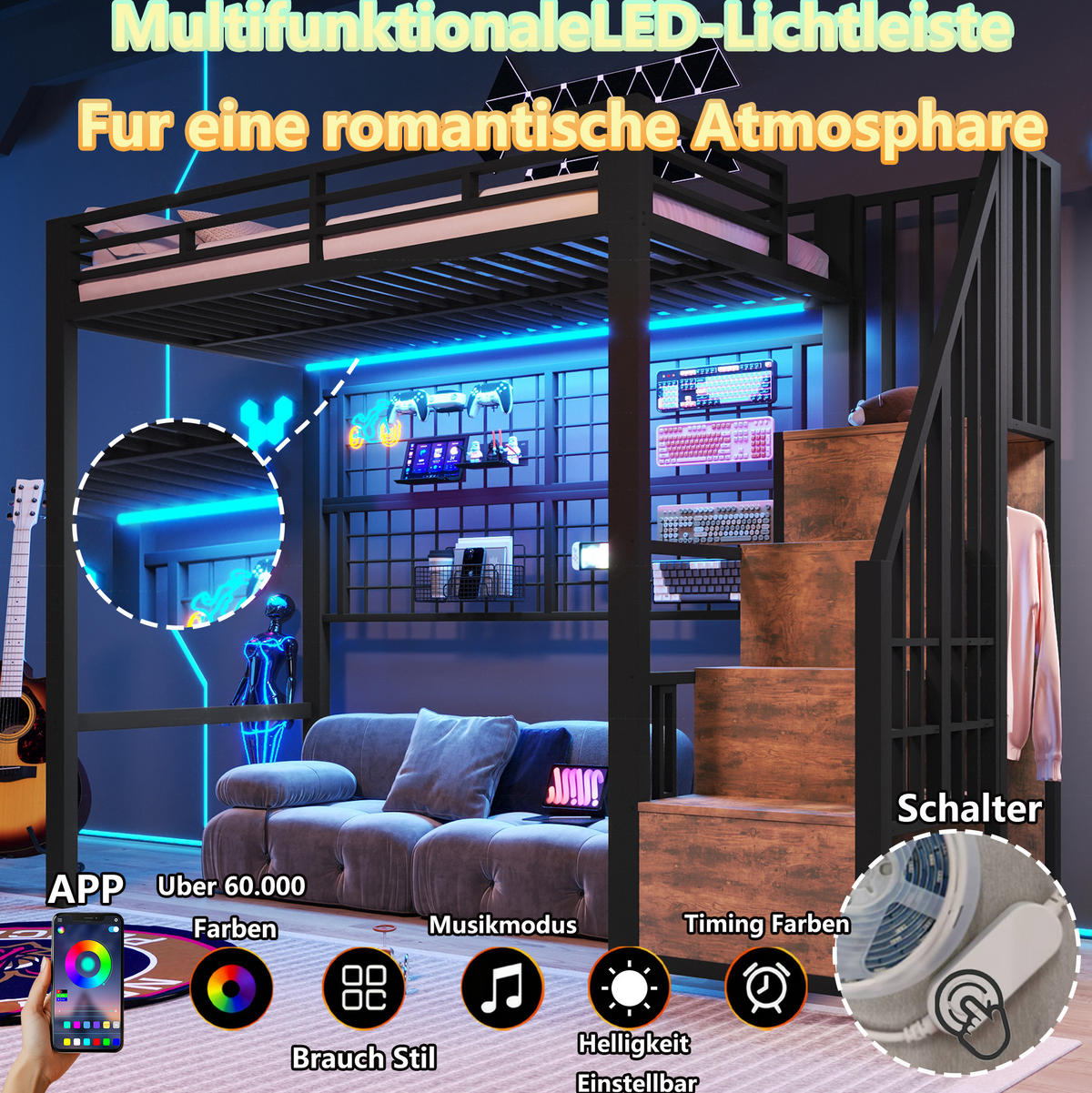 HOCHBETT 90/200 cm aus Metall/MDF mit Stauraumleiter, Kleiderschrank und LED-Beleuchtung Schwarz - Schwarz, Metall (90/200cm) - Modenvie