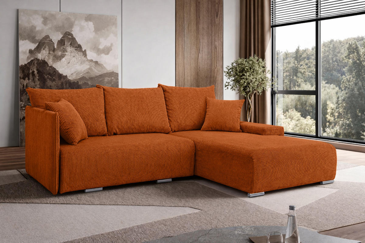 ECKSOFA L-Form Schlaffunktion Livorno Cord-Stoff Kupfer Rechts - Chromfarben/Schwarz, Holz/Kunststoff (246/188cm) - Kaiser Möbel