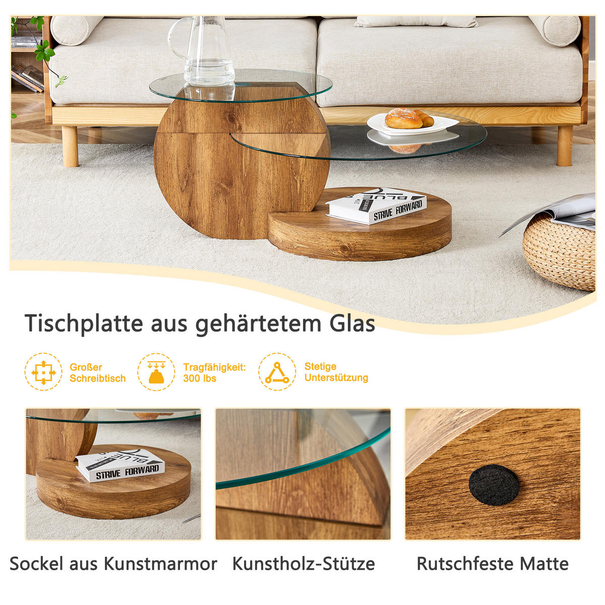 RUNDER COUCHTISCH Glas Eiche - Naturfarben, Holzwerkstoff (89.9/89.9/43.2cm)