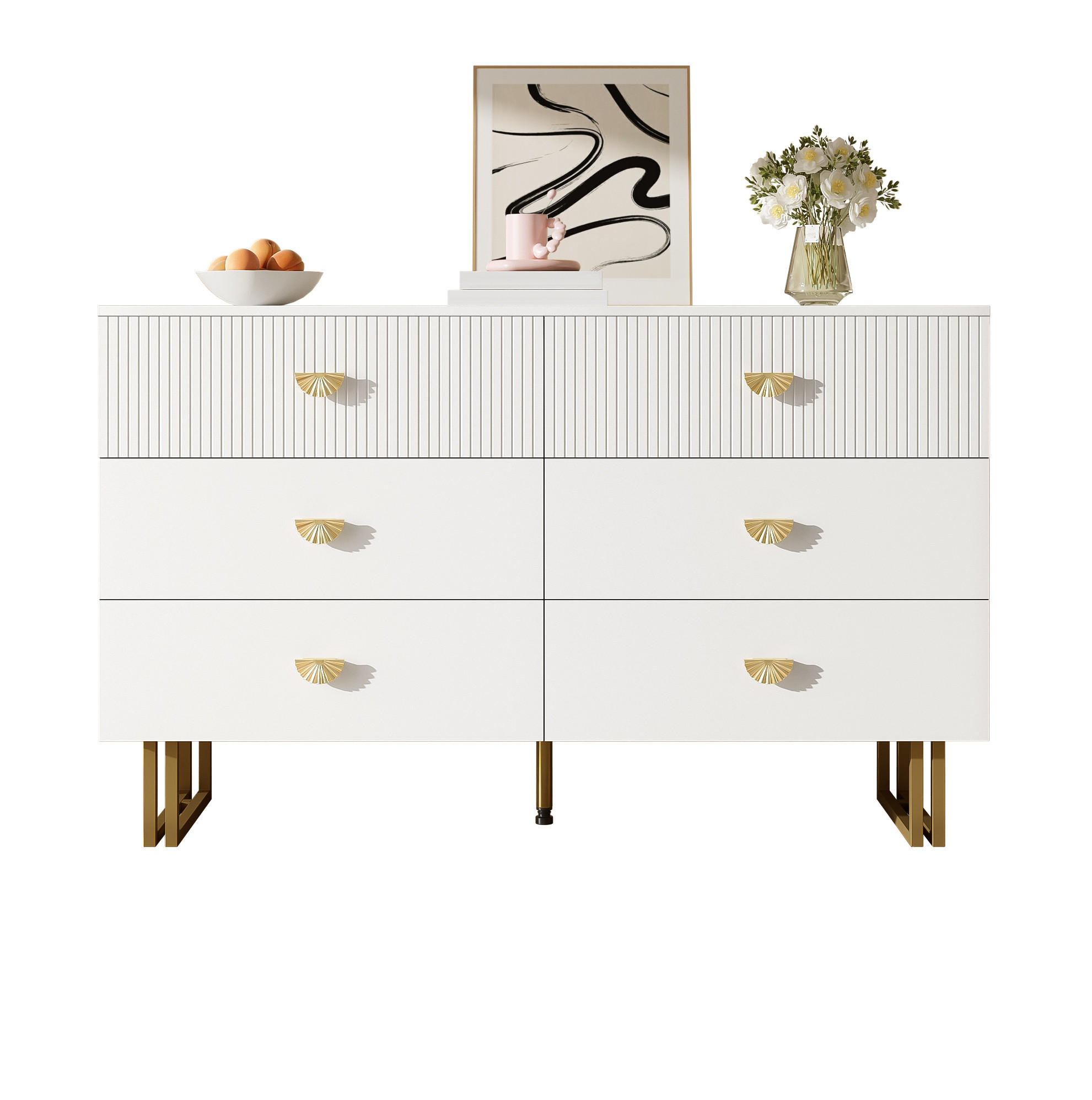 SIDEBOARD mit 6 Schubladen, weißes MDF und goldfarbene Zinkgriffe, 120/40/75 cm,weiß - Weiß, Holzwerkstoff (120/75/40cm) - Redom