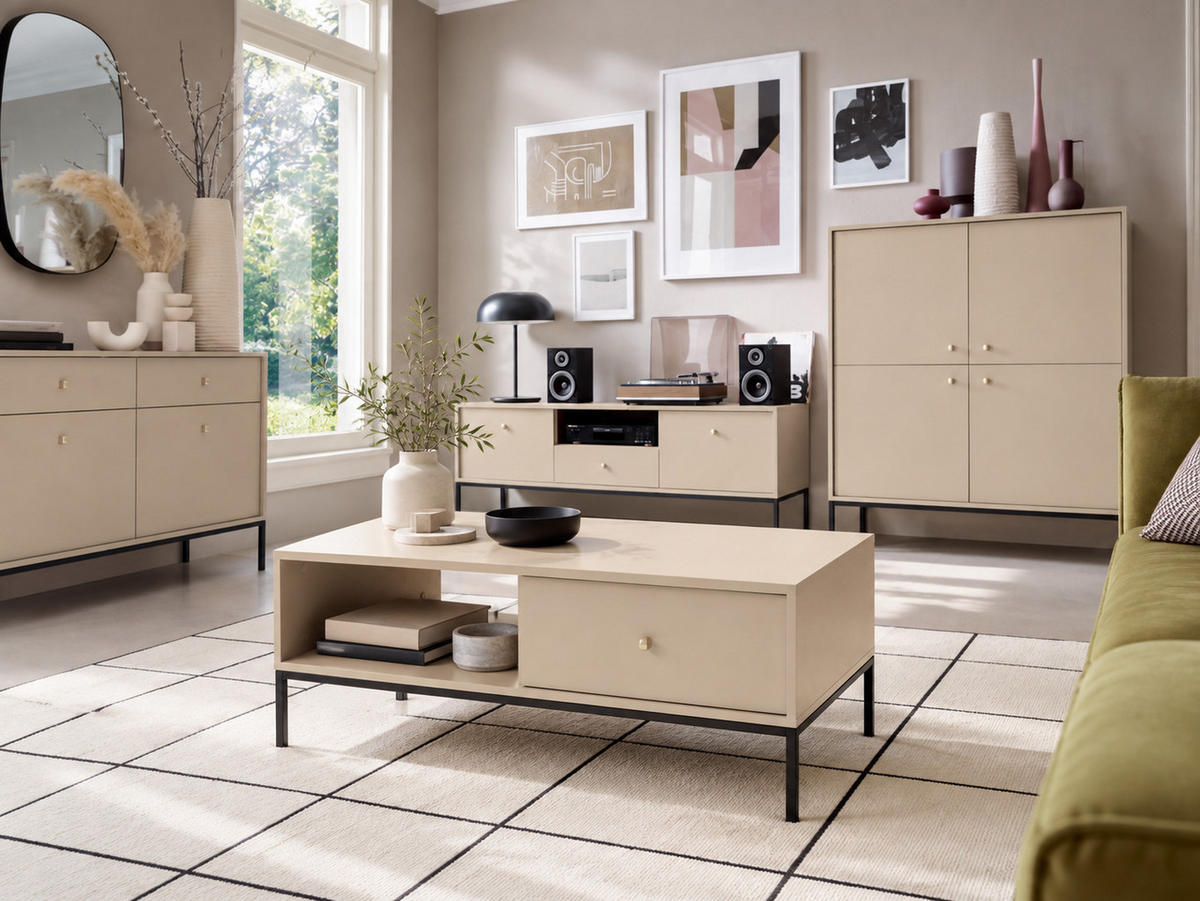 COUCHTISCH BARI Ł2SZ (Beige, Goldene Griffe, Schwarzes Gestell, Schubladen) - Beige/Goldfarben, Holz/Holzwerkstoff (68/104/46cm) - Ravio