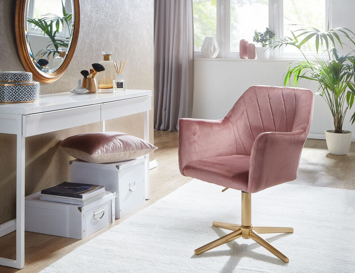 DREHSTUHL Samt mit Armlehnen Eisengestell 360° Funktion, Rosa 97x55x55 cm - Pink/Goldfarben, Textil/Metall (97/55/55cm) - KADIMA DESIGN