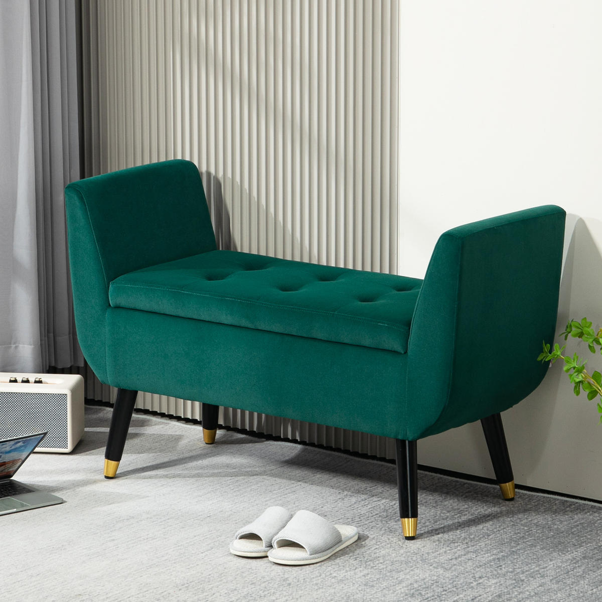 LUXUS Sitzbank Polsterbank mit Stauraum Armlehnen Polyester Holz Grün - Grün, Kunststoff (42/65/107cm) - HOMCOM