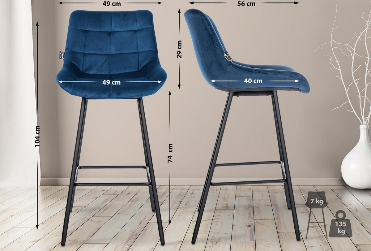 BARHOCKER Samt blau - Blau/Schwarz, Textil/Metall (49/104/56cm) - CLP