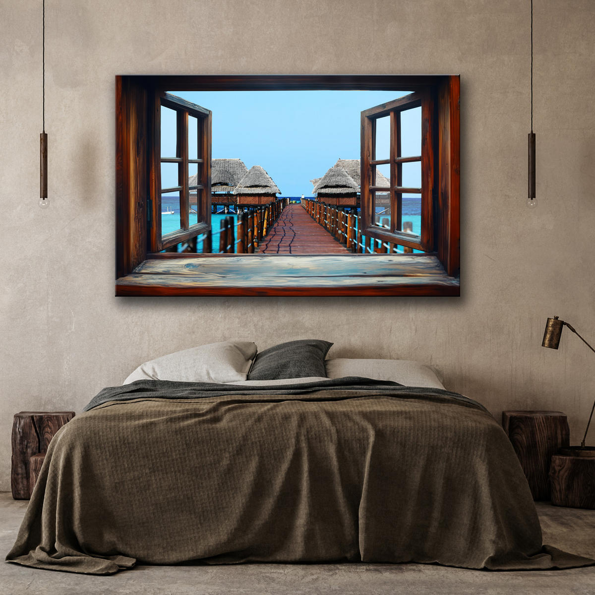 WANDBILD fensterblick auf sansibar meereshäuser - Braun, Textil (60/40cm) - Feeby