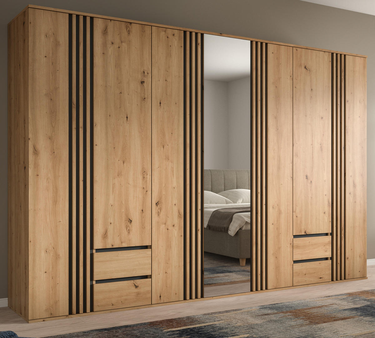 KLEIDERSCHRANK Eiche Artisan, grau 280 cm 7-türig, Wäscheschrank mit Spiegel und Schubladen - Anthrazit/Eiche Artisan, Holzwerkstoff (280/192/56cm) - Inn.Furn