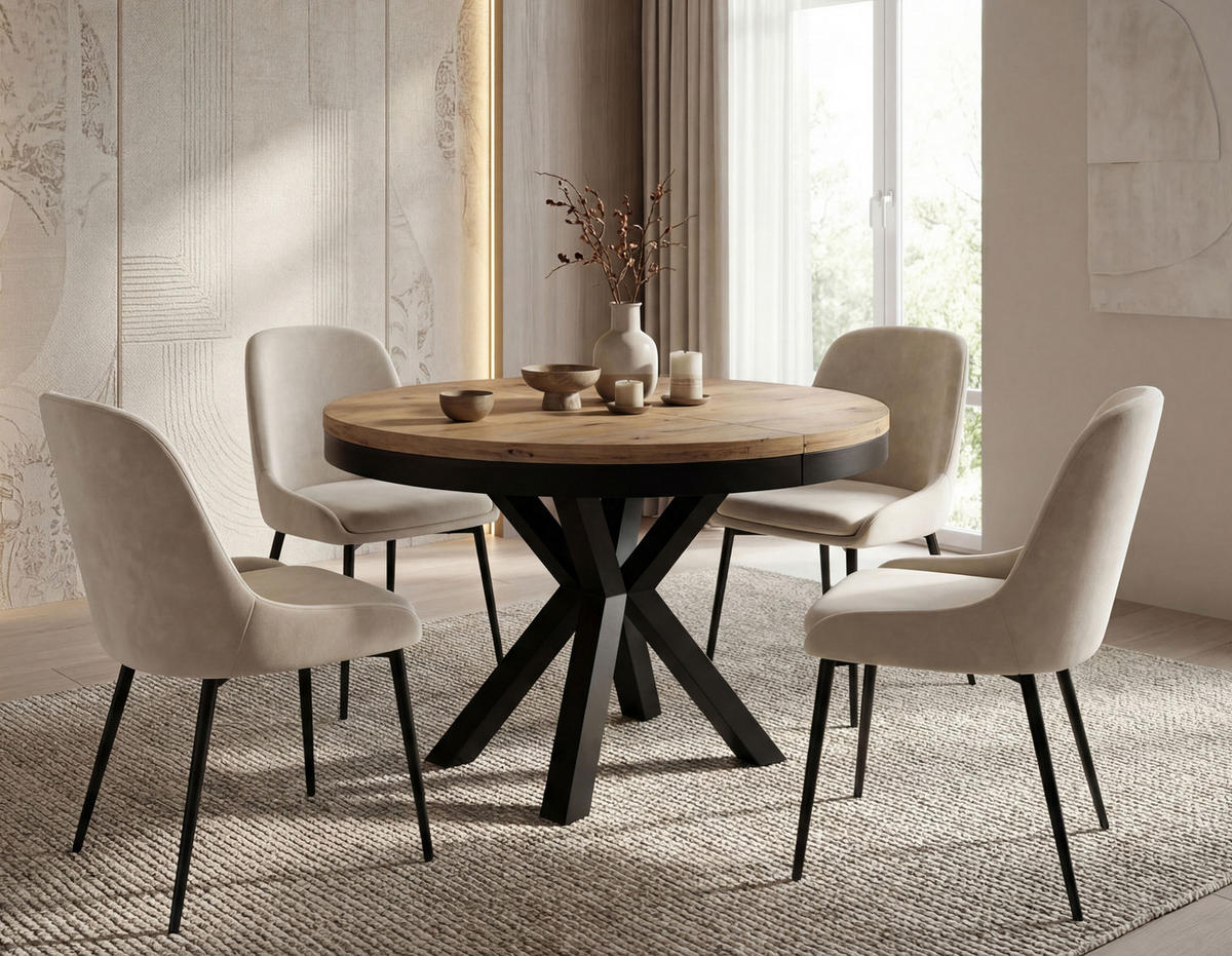 ESSTISCH Clara runder ausziehbarer, Lancelot Eiche 100-180/100/76 cm - Eichefarben/Schwarz, Holzwerkstoff/Metall (100/100/76cm) - WFL GROUP