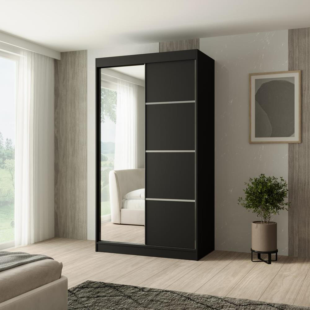 SCHWEBETÜRENSCHRANK Paco 120/215/61 2-türig schwarz mit Spiegel - Schwarz, Holzwerkstoff (120/215/61cm) - Beautysofa