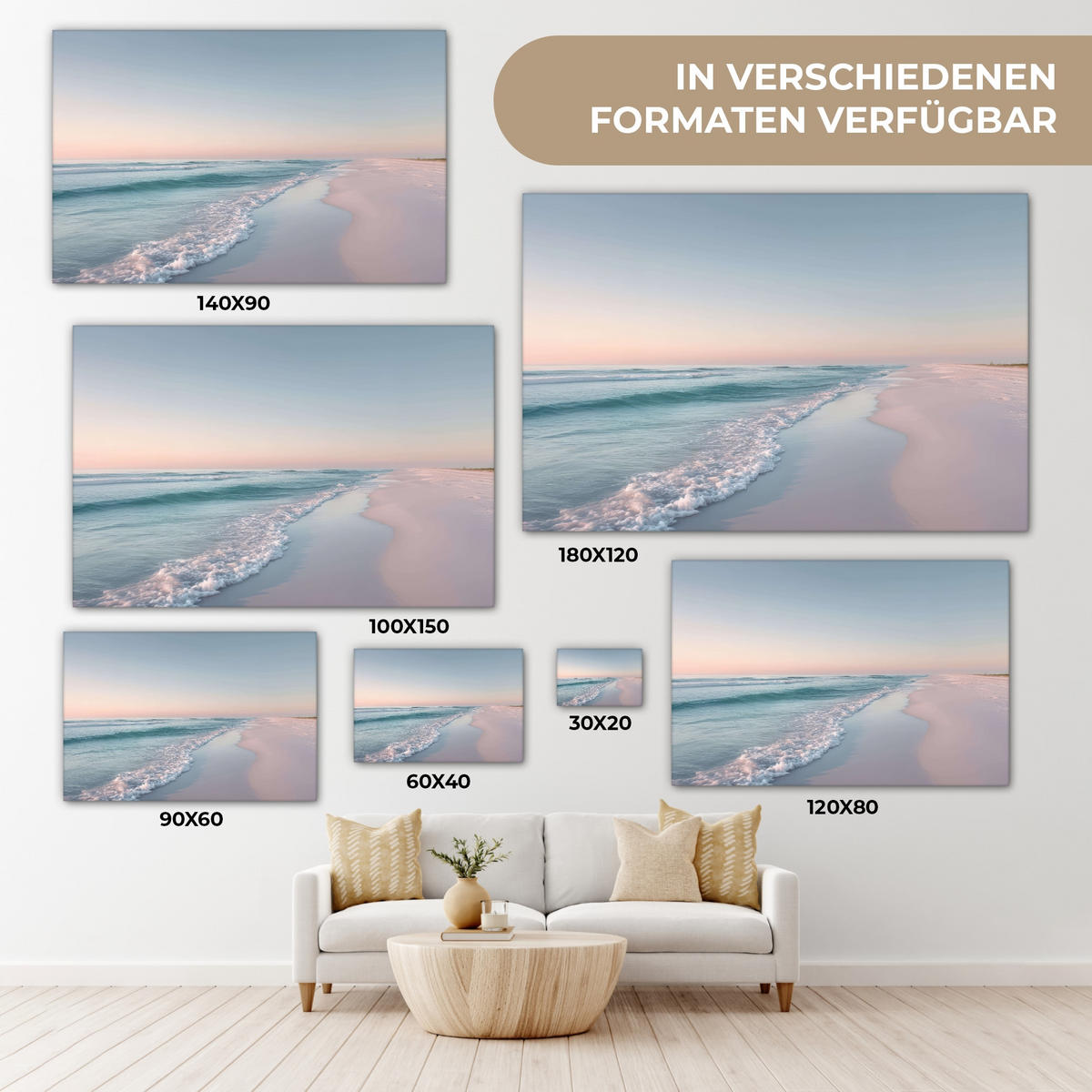 LEINWANDBILD Küstenlinie - Pastell - Wasser Wohnzimmer Groß 120x80 cm - Pastellblau, Textil (120/80cm) - MuchoWow