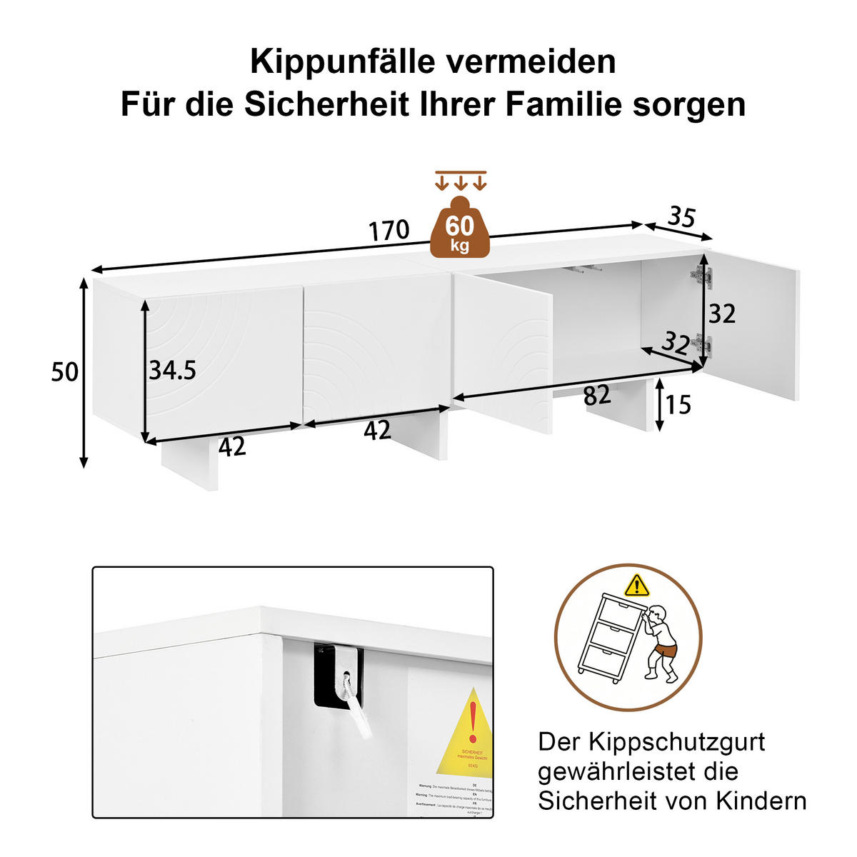 TV-SCHRANK Lowboard 4 Türen Bogenrelief weiß modern - Weiß, Holzwerkstoff (35/50/170cm) - FLIEKS