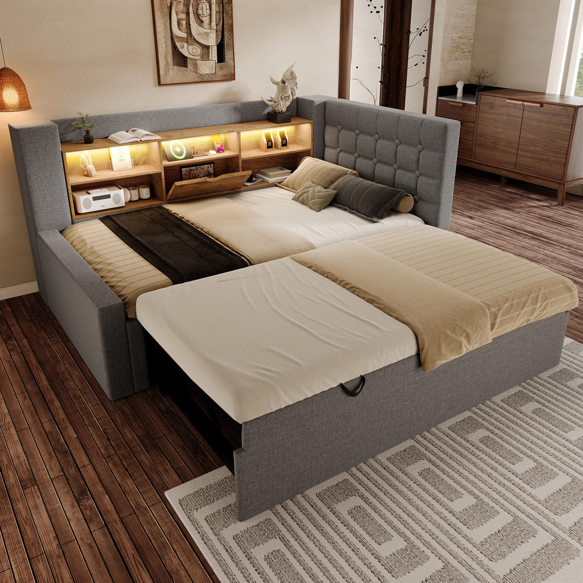 POLSTERBETT 90/200 cm mit Ausziehbett, LED-Beleuchtung, USB-Anschlüssen und Stauraum, Leinen/Metall, Grau - Grau, Textil (90/200cm) - Redom