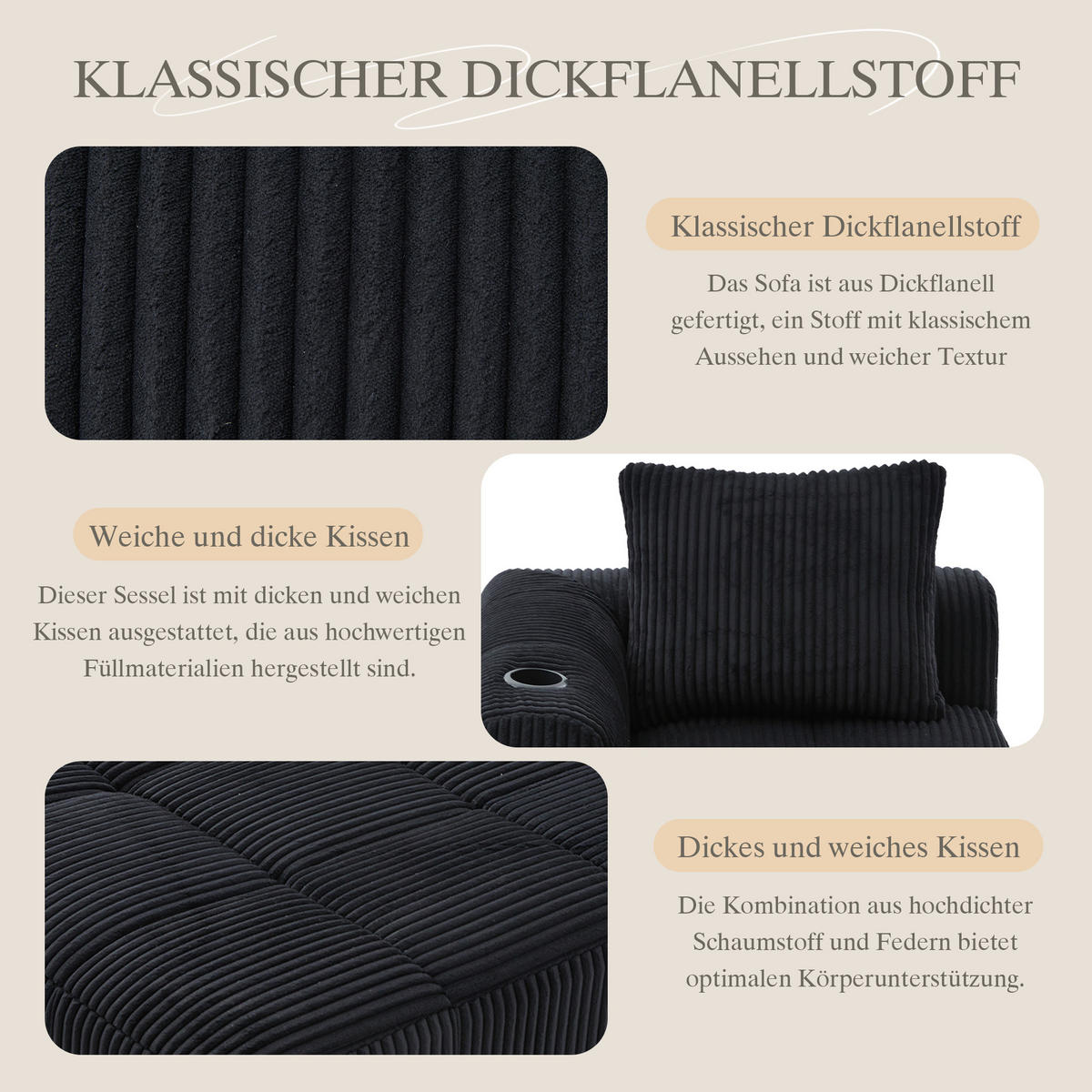 CHAISELONGUE in Cord (158 cm) mit Getränkehalter & Seitentaschen - Schwarz, Textil (158/61/93cm) - Urban Meuble