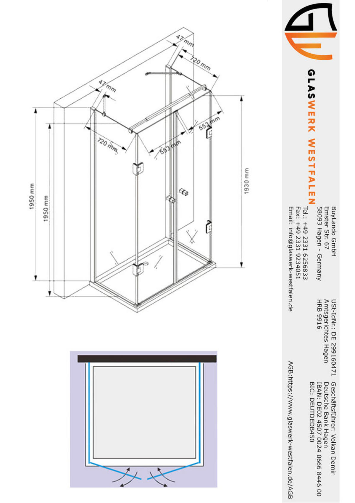 DUSCHKABINE Emma 80x120x80 x195 cm U-Form Schwarz - Schwarz, Glas (80/120/195cm) -  Glaswerk Westfalen