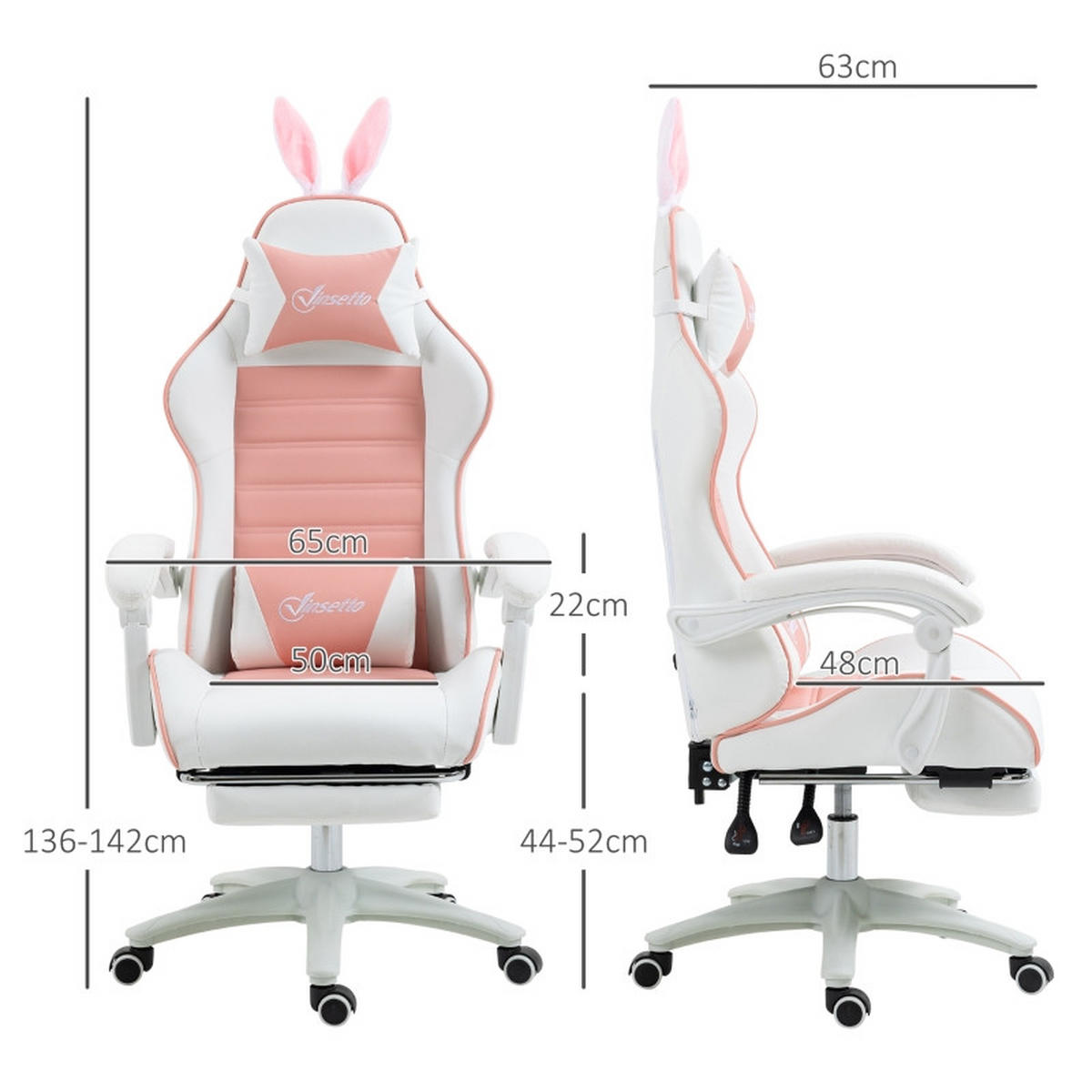 GAMINGSTUHL 65/63/136-142 cm, höhenverstellbar 44-52 cm, mit Fußstütze und Hasenohren, Bonded Leather, Pink - Pink, Kunststoff (63/142/65cm) - Redom
