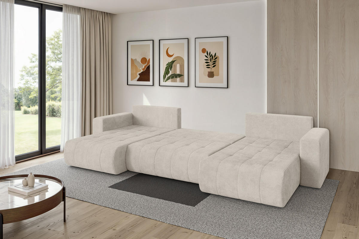 SEDACÍ SOUPRAVA DO U s funkcí spaní a úložným prostorem MILA-U 378x194x86 krémová manšestr - černá/krémová, kompozitní dřevo/textil (378/86/194cm) - ALTDECOR