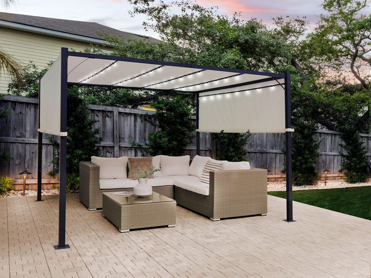 PERGOLA mit LED-Beleuchtung Stahl beige 310/310 cm Parga - Beige/Schwarz, Metall (310/215/310cm) - Beliani
