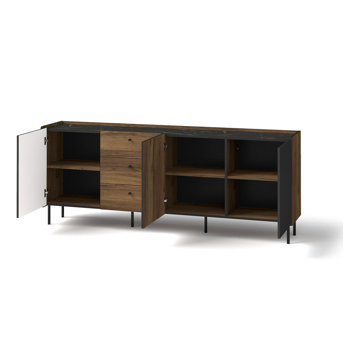 KOMMODE Piano mit 3 Türen und 3 Schubladen, Mattschwarz + Warmia-Nussbaum - Dunkelbraun/Schwarz, Holzwerkstoff (200/79/40cm) - Beautysofa