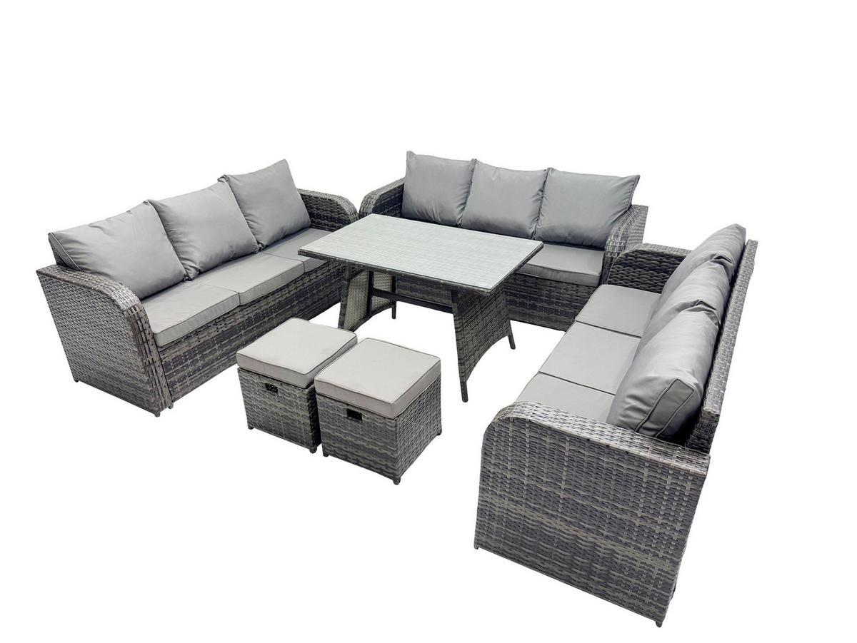 GARTENMÖBELSET mit ESSTISCH, 3-SITZER SOFA Polyrattan 11-Sitzer - Dunkelgrau/Grau, Glas/Kunststoff - Fimous