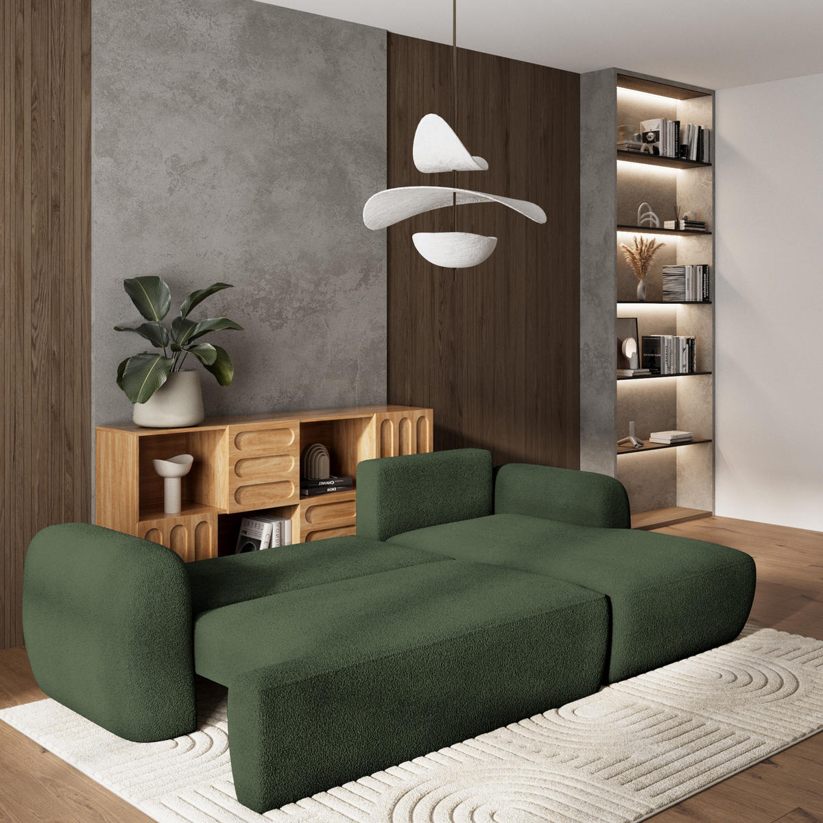 ECKSOFA MODENZA N R-S Grün Boucle-Stoff mit Schlaffunktion - Grün, Holz (266/148cm) - MASSENO