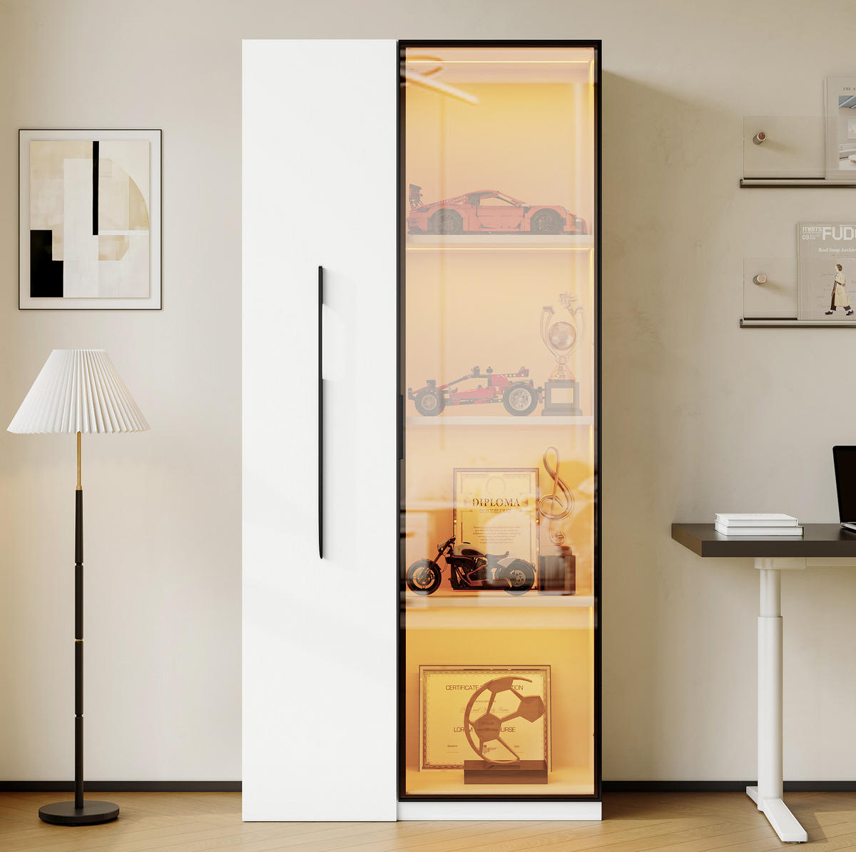 VITRINE 70/40/160 cm mit ausziehbarem Bücherregal, LED-Beleuchtung und Glastür, MDF, Weiß - Weiß, Holzwerkstoff (70/160/40cm) - Redom