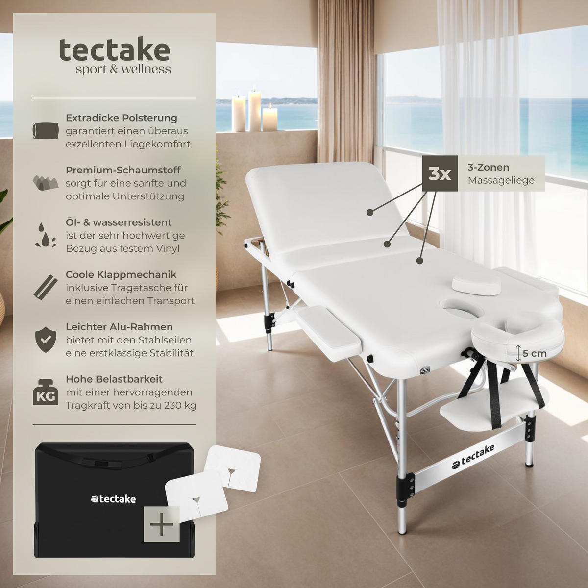 MASSAGELIEGE 3 Zonen Ko Tao,212 x 108 x 90 cm,weiß - Weiß, Metall (108/90/212cm) - tectake