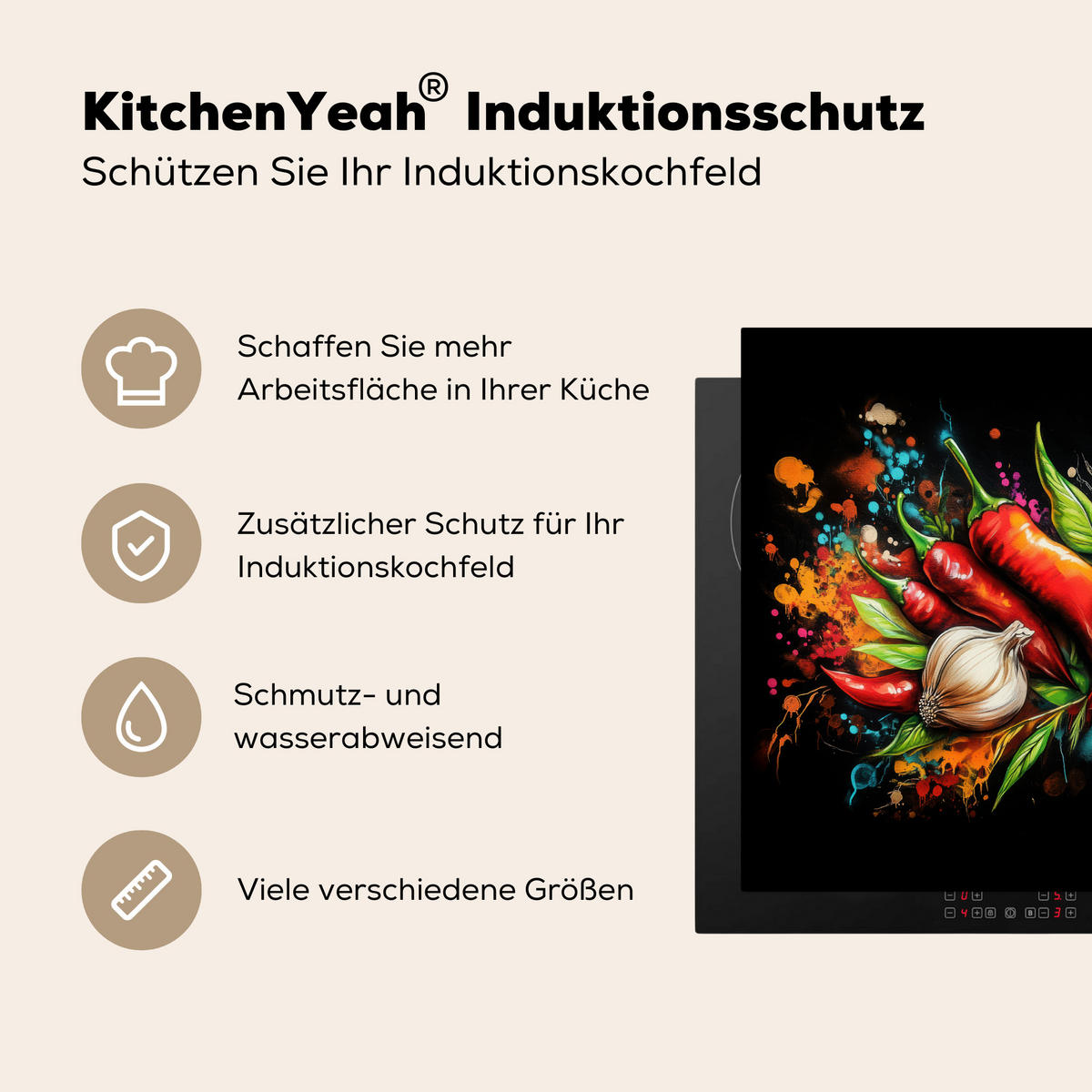 HERDABDECKPLATTE Gemüse - Paprika - Knoblauch - Graffiti - Farbe - Bunt Herdabdeckung Induktionsfeld 65x52 cm - Rot, Kunststoff (65/52/0.2cm) - MuchoWow