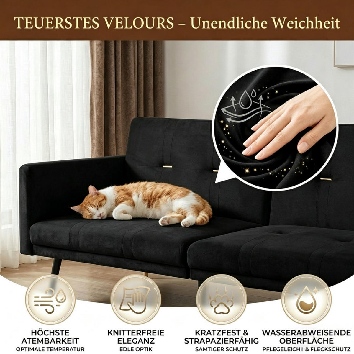 BÄDDSOFFA 2-sits sammet fällbar med gästsängsfunktion - Svart, Textil (164/70/89cm) - Urban Meuble