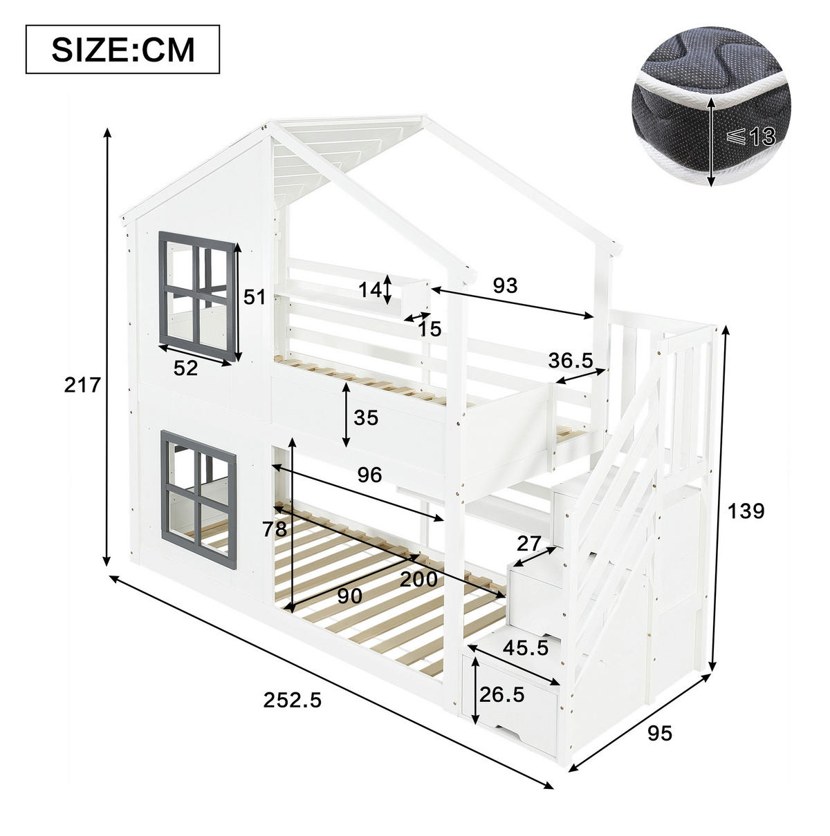 ETAGENBETT mit Stauraumtreppe 90x200 cm Weiß und Grau - Weiß, Holzwerkstoff (90/200cm) - Beauniv