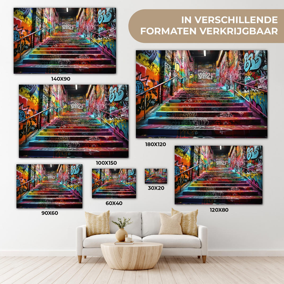 LEINWANDBILD Treppe - Graffiti - Farben - Kunst Deko Schlafzimmer 30x20 cm - Multicolor, Textil (30/20cm) - MuchoWow