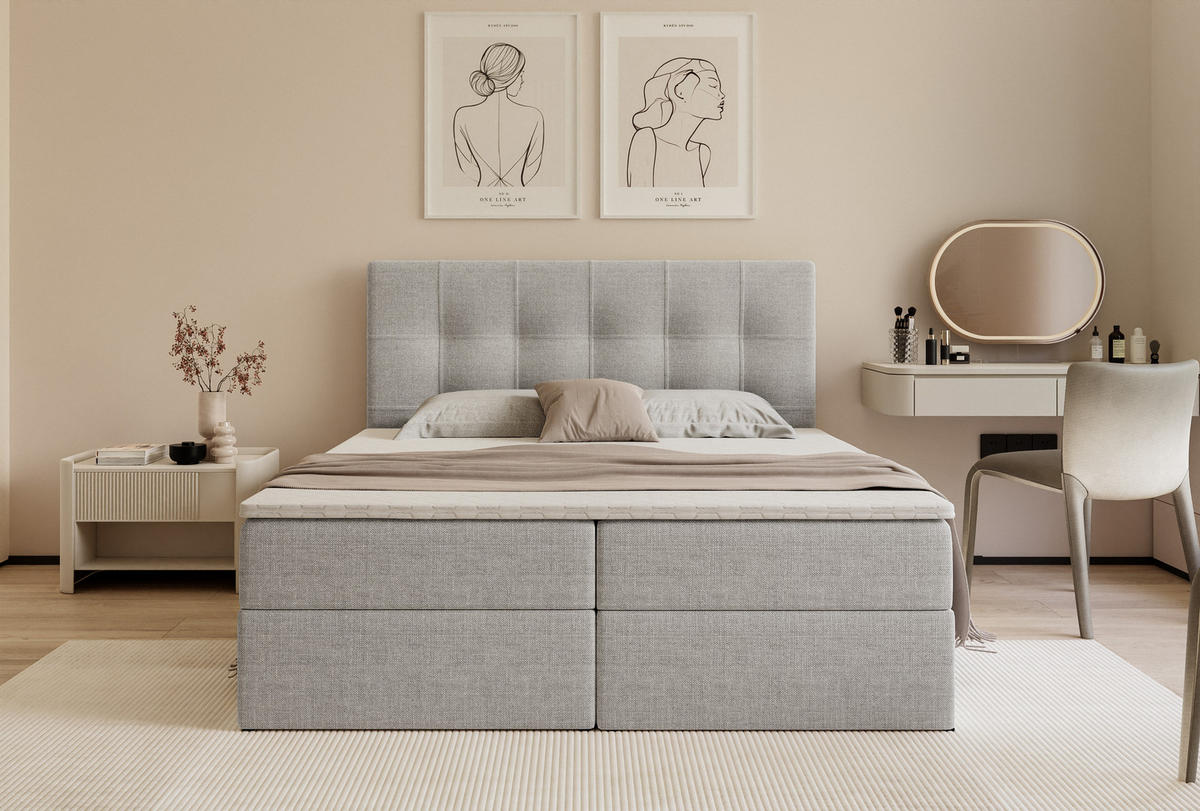 BOXBETT VENUS 200/200 cm, mit Matratze und Topper, Grau - Grau, Holzwerkstoff/Textil (200/200cm) - Idohome