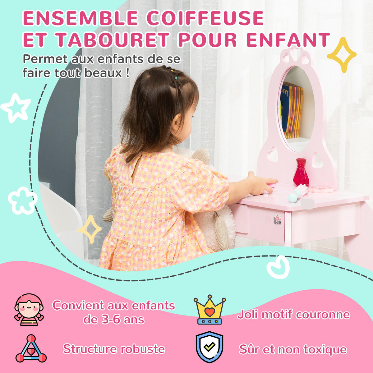 KINDERSCHMINKTISCH DE-18626 mit Herz-Motiven, inkl. Hocker Rosa - Pink, Holzwerkstoff (36/88/60cm) - ComfortXL