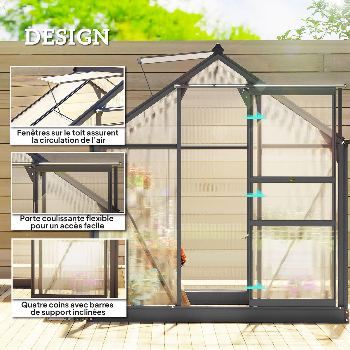 GEWÄCHSHAUS DE-11968 Polycarbonat mit Dachluke & Regenrinne Grau - Grau, Kunststoff (132/201/190cm) - ComfortXL