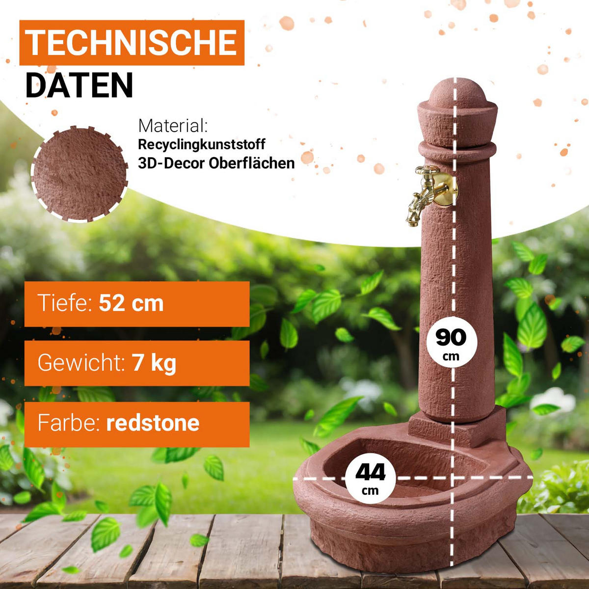 STEINBRUNNEN aus Kunststoff, red inkl. Nostalgie-Auslaufhahn - Rot, Kunststoff (44/52/90cm) - GARANTIA