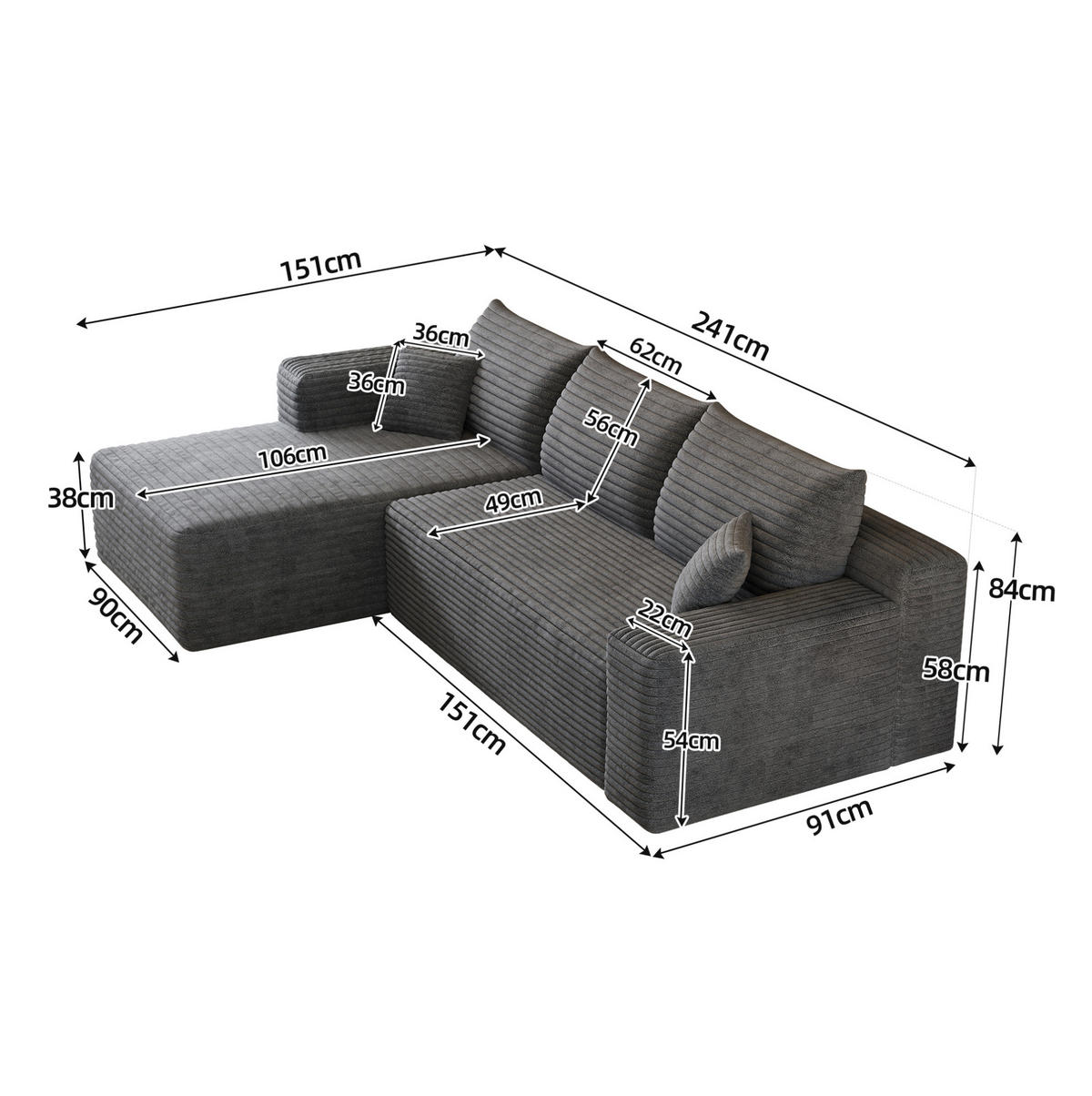 ECKSOFA 241 cm aus Stoff mit weichem Cordbezug und Chaise Lounge Dunkelgrau - Dunkelgrau, Textil (151/241cm) - Modenvie