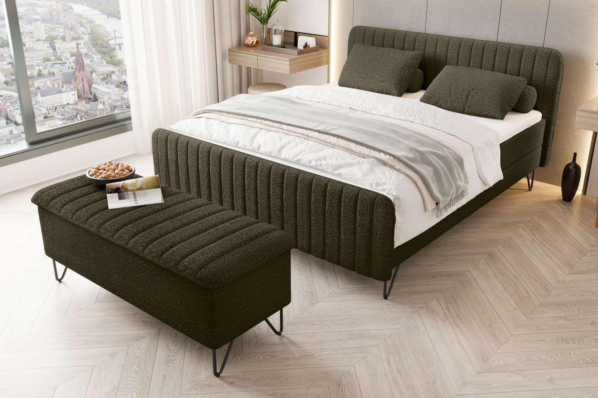 BOXSPRINGBETT LUCIO mit Hocker Bouclé-Stoff Olivgrün 180/200 cm - Schwarz/Olivgrün, Textil/Metall (180/200cm) - 99rooms