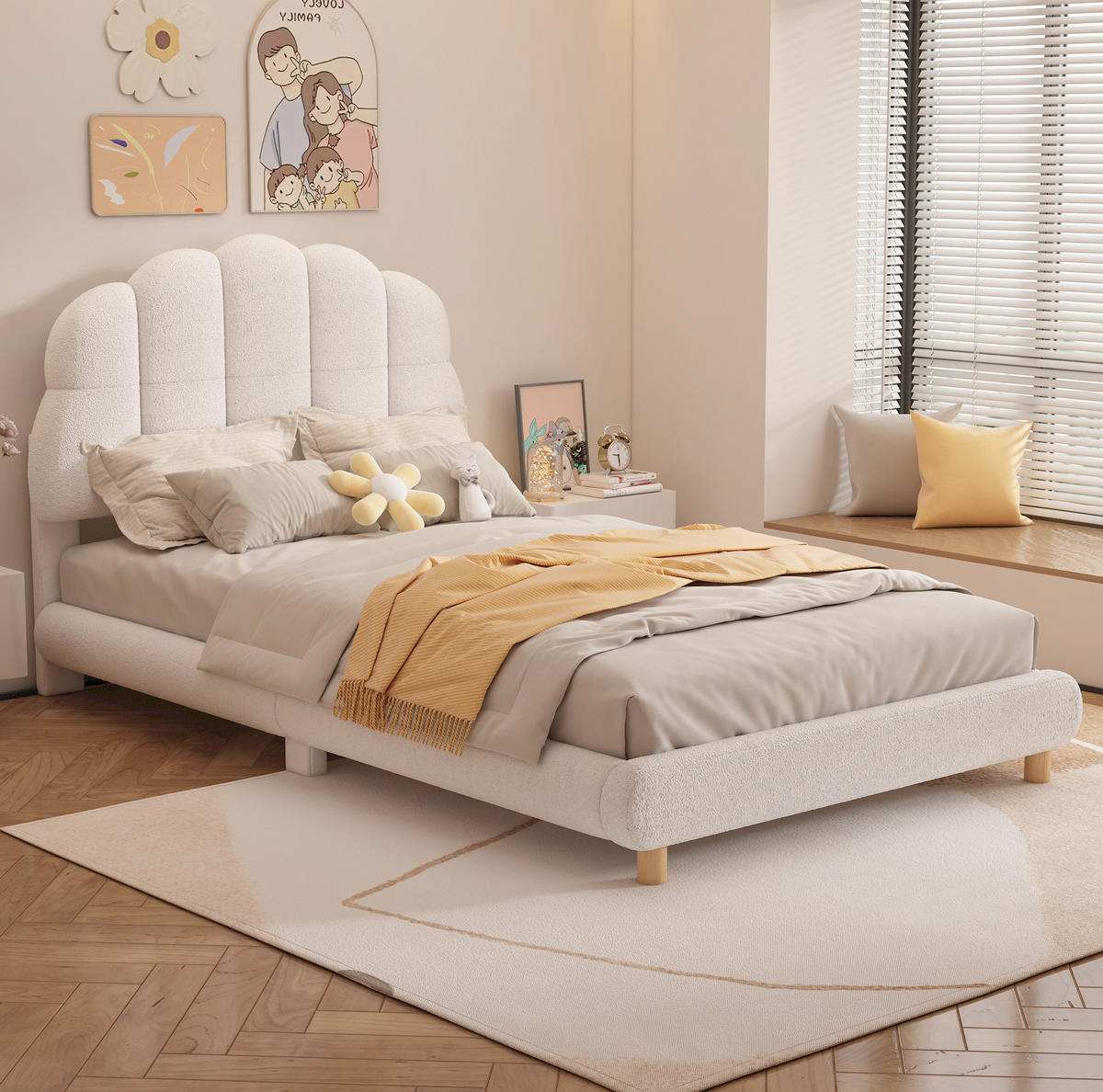 DETSKÁ posteľ 90/200 cm biela s mäkkým kvetinovým čelom z plyšu a MDF - biela, textil (90/200cm) - OKWISH