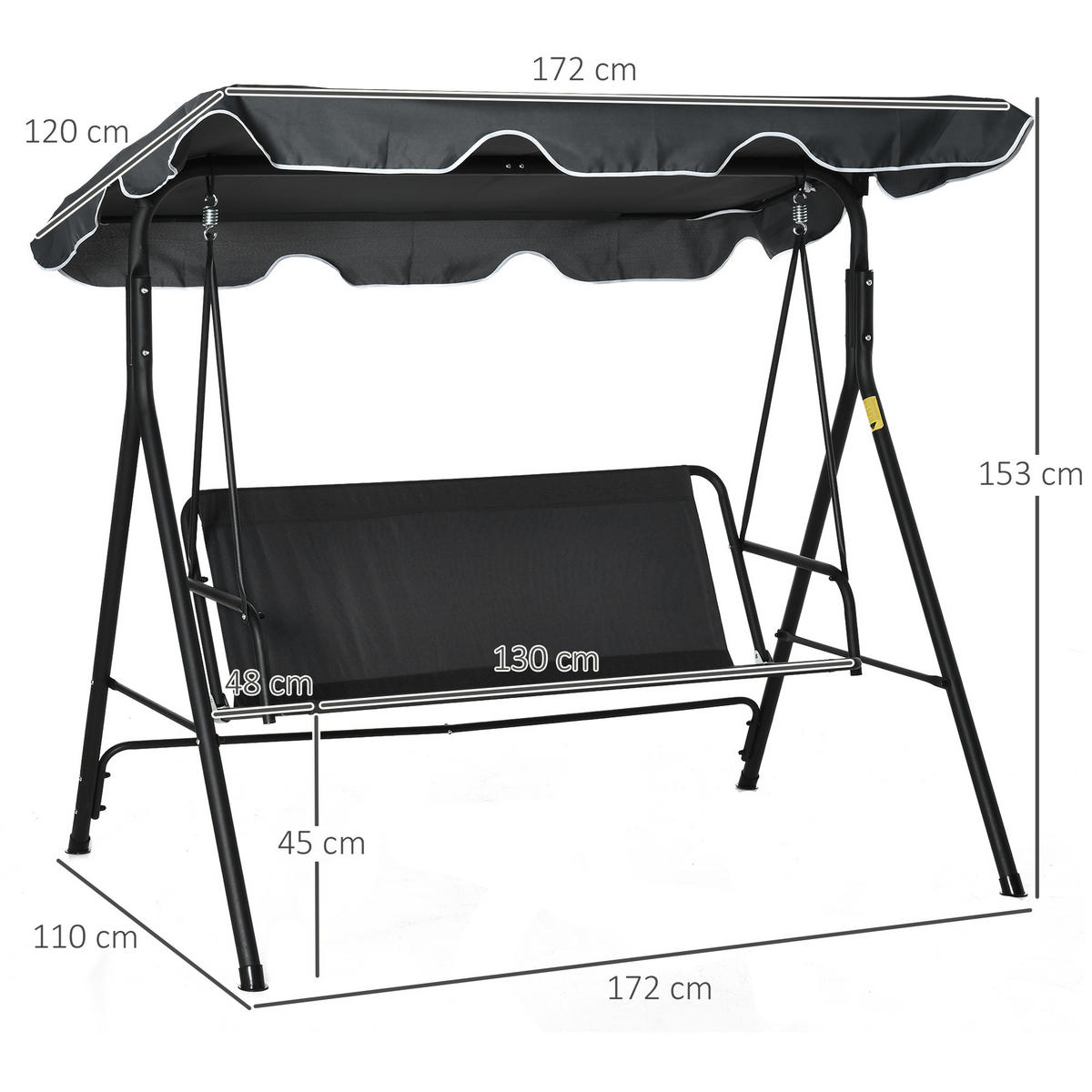 HOLLYWOODSCHAUKEL, 3-Sitzer mit Dach, Stahl, Grau+weiß, 172 x 110 x 153 cm - Grau, Metall (110/153/172cm) - Outsunny