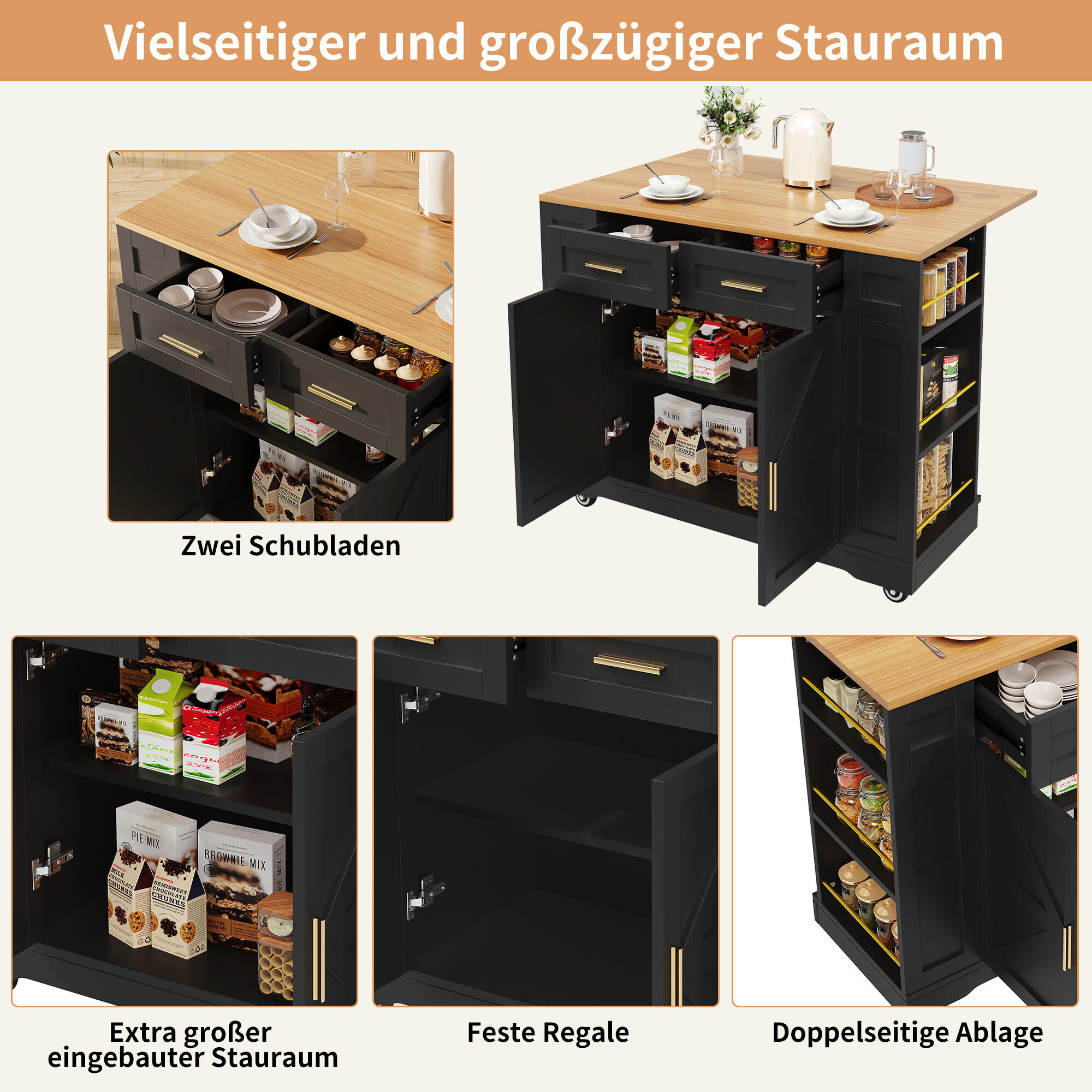 KÜCHENINSEL Schwarz 120/65/90 cm - Schwarz, Holzwerkstoff (65/90/120cm) - Urban Meuble