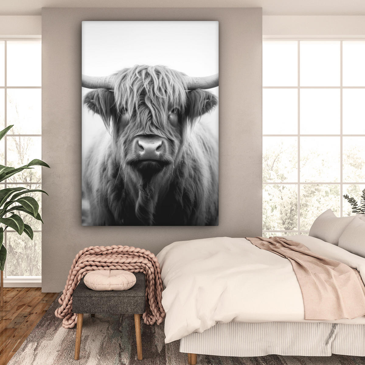LEINWANDBILD Schottischer Highlander - Nebel - Schwarz - Weiß Deko Groß 90x140 cm - Grau, Textil (90/140cm) - MuchoWow