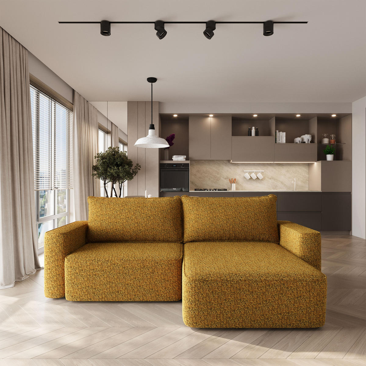 ECKSOFA BELISE BL Currygelb Chenille mit Schlaffunktion - Currygelb, Holz/Textil (252/162cm) - MASSENO