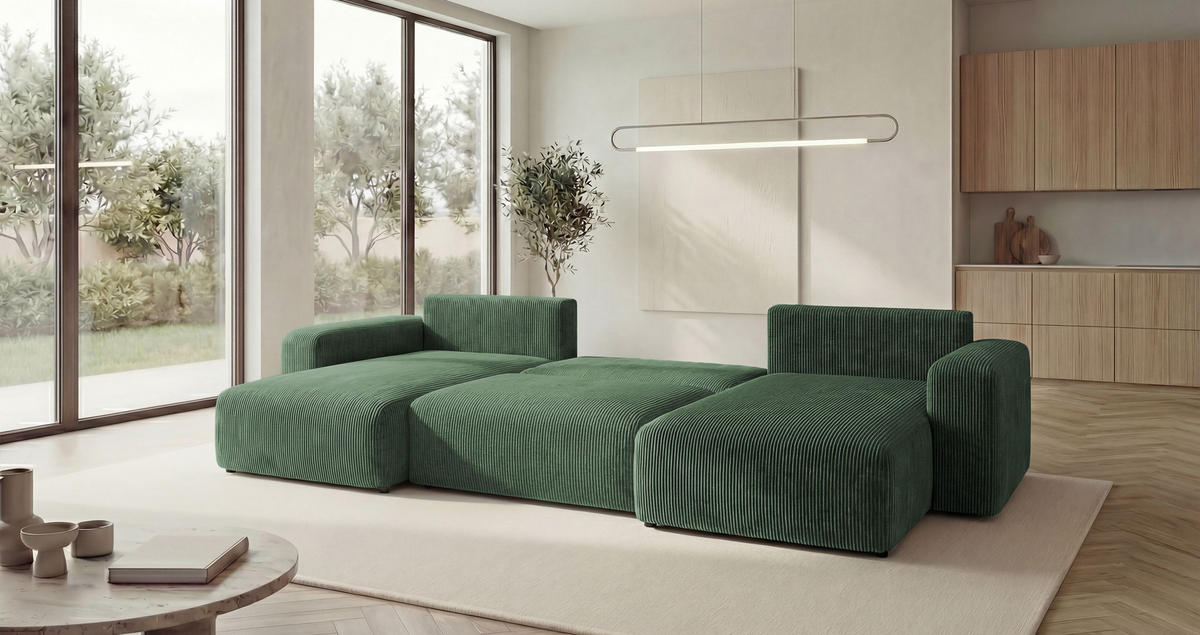 SEDACÍ souprava BERLIN tvar U zelená manšestr Poso 14 - funkce spaní, úložný prostor - zelená barva, textil (385/86/185cm) - Cornero
